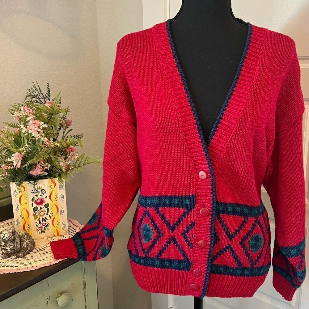 Gina Peters 80s 90s Vintage Red Blue Southwest Geo Deep‎ V Cardigan Sweater Sz M